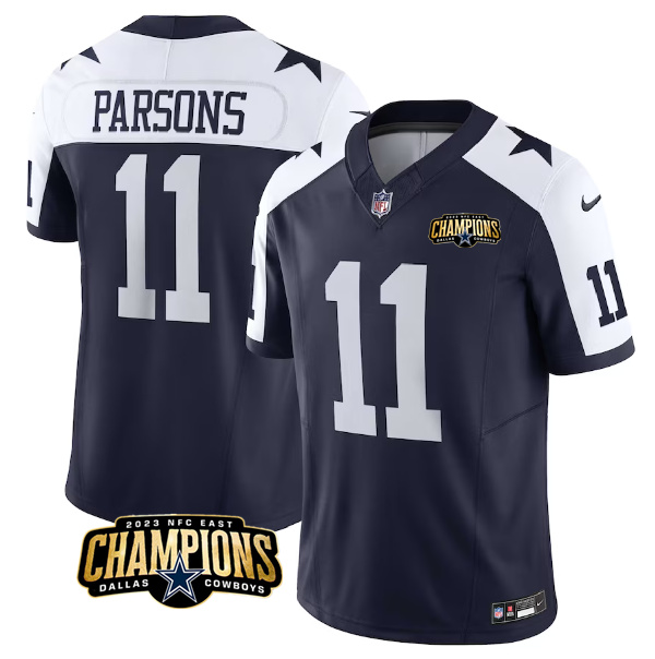Men's Dallas Cowboys #11 Micah Parsons Navy/White 2023 F.U.S.E. NFC East Champions Patch Stitched Football Jersey Men's Dallas Cowboys #11 Micah Parsons Navy/White 2023 F.U.S.E. NFC East Champions Patch Stitched Football Jersey