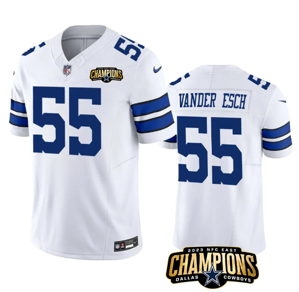 Men's Dallas Cowboys #55 Leighton Vander Esch White 2023 F.U.S.E. NFC East Champions Patch Stitched Football Jersey Men's Dallas Cowboys #55 Leighton Vander Esch White 2023 F.U.S.E. NFC East Champions Patch Stitched Football Jersey