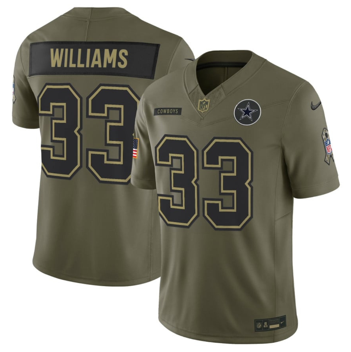 Men's Dallas Cowboys #33 Javonte Williams Olive 2025 F.U.S.E. Salute to Service Limited Stitched Football Jersey Men's Dallas Cowboys #33 Javonte Williams Olive 2025 F.U.S.E. Salute to Service Limited Stitched Football Jersey