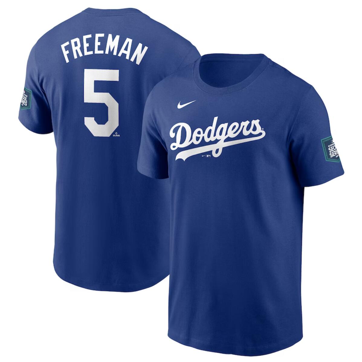 Men's Los Angeles Dodgers #5 Freddie Freeman Royal 2024 World Tour Seoul Series Name & Number T-Shirt Men's Los Angeles Dodgers #5 Freddie Freeman Royal 2024 World Tour Seoul Series Name & Number T-Shirt