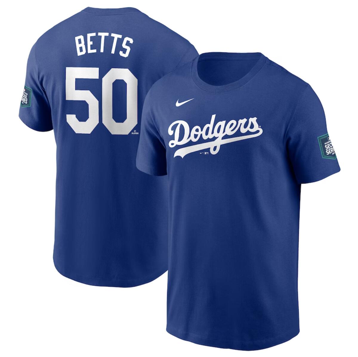 Men's Los Angeles Dodgers #50 Mookie Betts Royal 2024 World Tour Seoul Series Name & Number T-Shirt Men's Los Angeles Dodgers #50 Mookie Betts Royal 2024 World Tour Seoul Series Name & Number T-Shirt