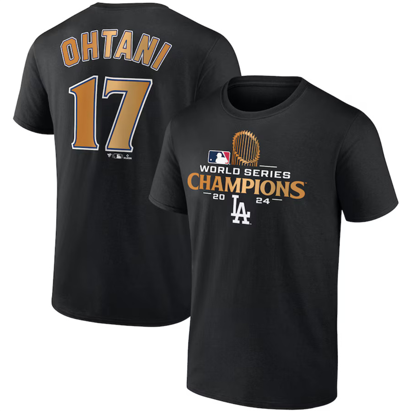 Men's Los Angeles Dodgers #17 Shohei Ohtani Black 2024 World Series Champions Name & Number T-Shirt Men's Los Angeles Dodgers #17 Shohei Ohtani Black 2024 World Series Champions Name & Number T-Shirt