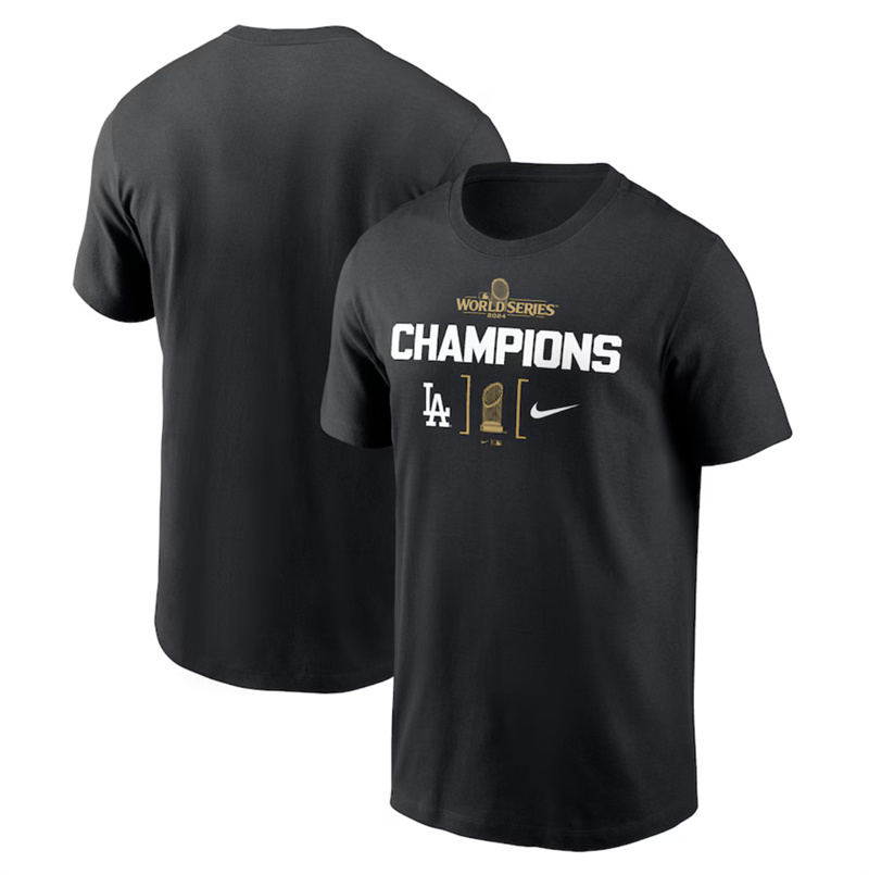 Men's Los Angeles Dodgers Black 2024 World Series Champions Trophy T-Shirt Men's Los Angeles Dodgers Black 2024 World Series Champions Trophy T-Shirt