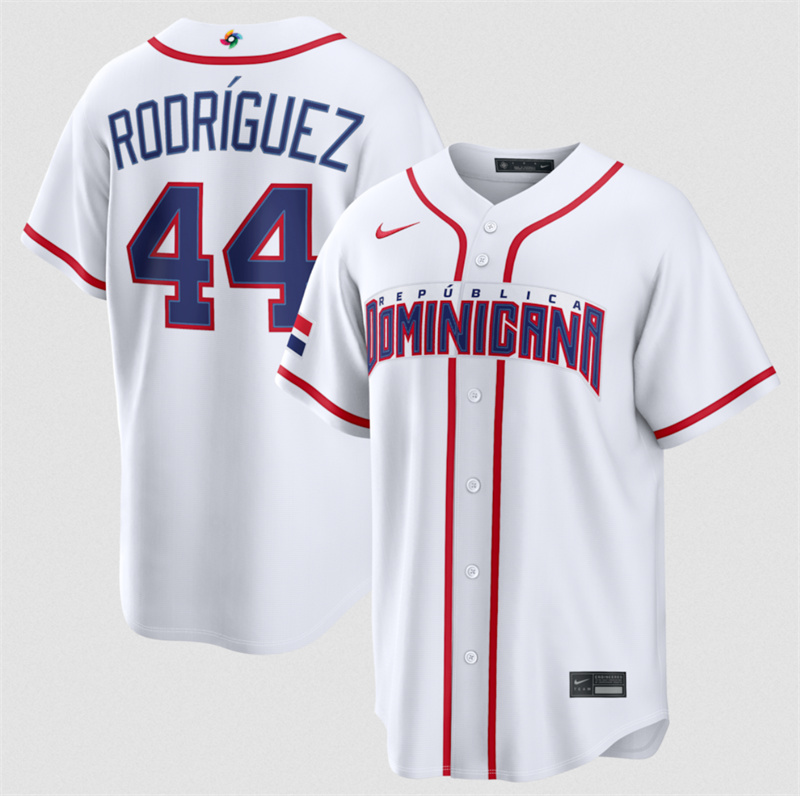 Men's Dominican Republic Baseball #44 Julio Rodríguez White 2026 World Baseball Classic Home Stadium Stitched Jersey Men's Dominican Republic Baseball #44 Julio Rodríguez White 2026 World Baseball Classic Home Stadium Stitched Jersey