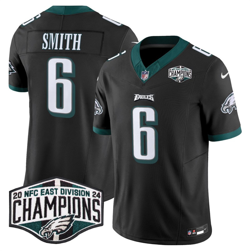 Men's Philadelphia Eagles #6 DeVonta Smith Black 2024 NFC East Champions F.U.S.E. Vapor Untouchable Limited Stitched Football Jersey Men's Philadelphia Eagles #6 DeVonta Smith Black 2024 NFC East Champions F.U.S.E. Vapor Untouchable Limited Stitched Football Jersey