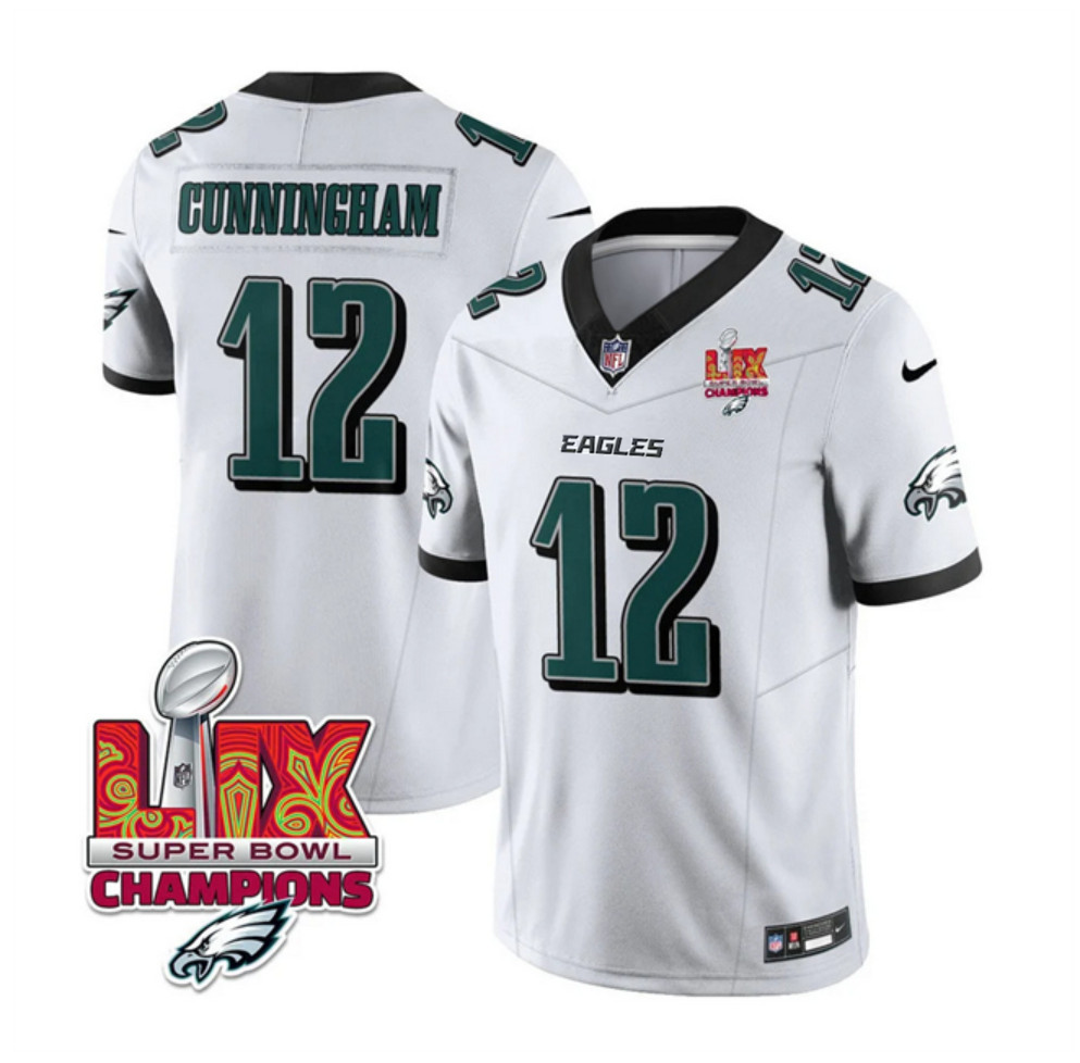 Men's Philadelphia Eagles #12 Randall Cunningham White 2025 Eagles Logo Super Bowl LIX Patch New F.U.S.E. Vapor Limited Stitched Football Jersey Men's Philadelphia Eagles #12 Randall Cunningham White 2025 Eagles Logo Super Bowl LIX Patch New F.U.S.E. Vapor Limited Stitched Football Jersey