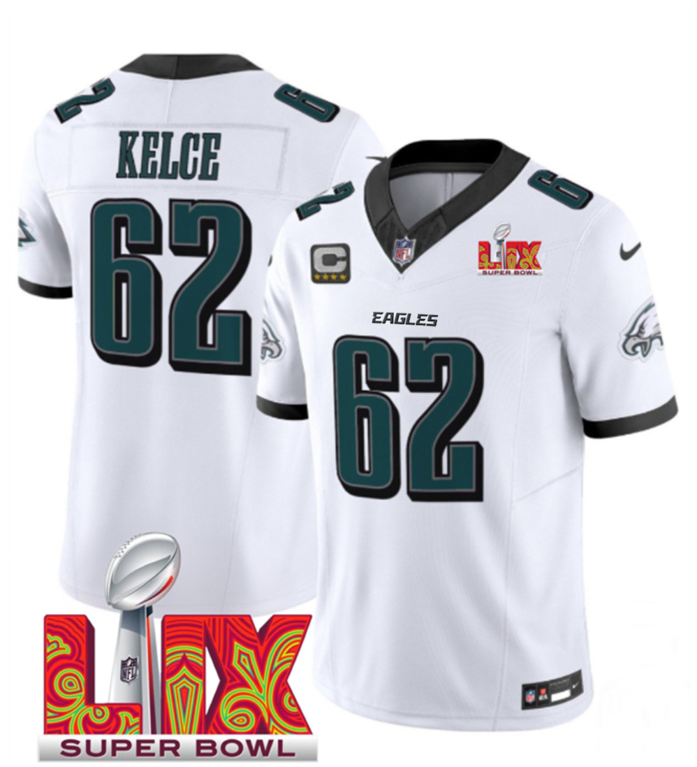 Men's Philadelphia Eagles #62 Jason Kelce White F.U.S.E. 24/25 Super Bowl LIX With 4-Star C Patch Vapor Untouchable Limited Stitched Football Jersey Men's Philadelphia Eagles #62 Jason Kelce White F.U.S.E. 24/25 Super Bowl LIX With 4-Star C Patch Vapor Untouchable Limited Stitched Football Jersey
