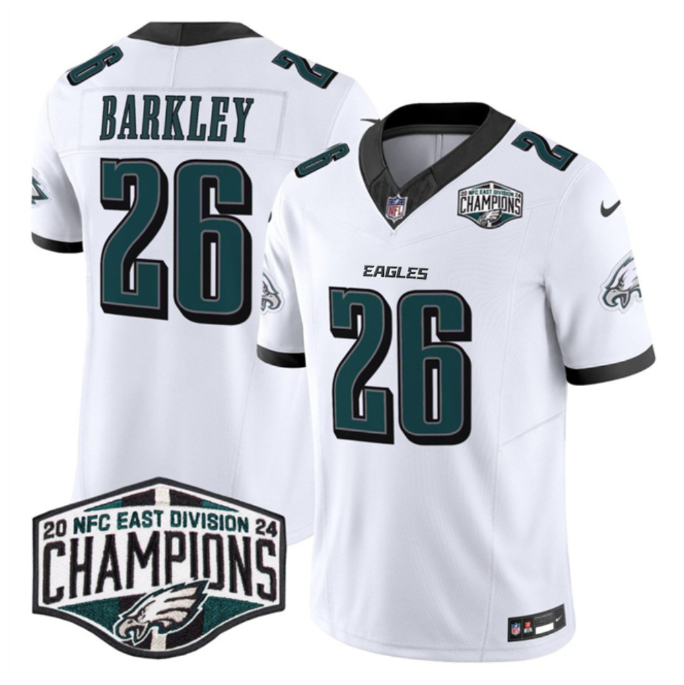 Men's Philadelphia Eagles #26 Saquon Barkley White 2024 NFC East Champions F.U.S.E. Vapor Untouchable Limited Stitched Football Jersey Men's Philadelphia Eagles #26 Saquon Barkley White 2024 NFC East Champions F.U.S.E. Vapor Untouchable Limited Stitched Football Jersey