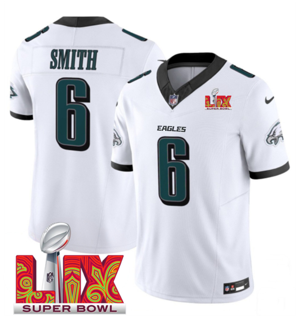 Men's Philadelphia Eagles #6 DeVonta Smith White F.U.S.E. 24/25 Super Bowl LIX Vapor Untouchable Limited Stitched Football Jersey Men's Philadelphia Eagles #6 DeVonta Smith White F.U.S.E. 24/25 Super Bowl LIX Vapor Untouchable Limited Stitched Football Jersey