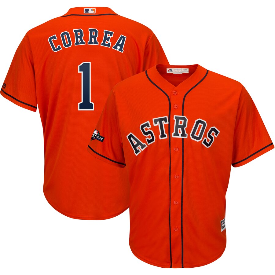 Houston Astros #1 Carlos Correa Majestic 2019 Postseason Official Cool Base Player Jersey Orange Houston Astros #1 Carlos Correa Majestic 2019 Postseason Official Cool Base Player Jersey Orange