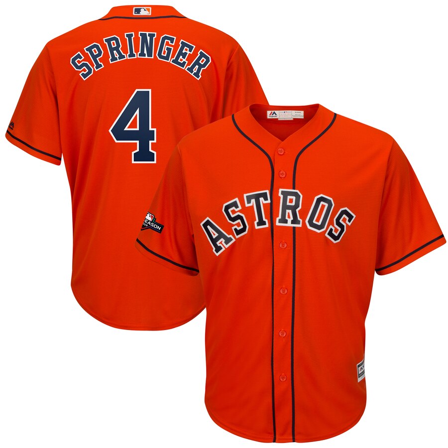 Houston Astros #4 George Springer Majestic 2019 Postseason Official Cool Base Player Jersey Orange Houston Astros #4 George Springer Majestic 2019 Postseason Official Cool Base Player Jersey Orange