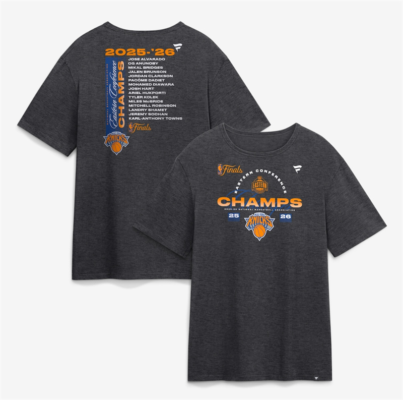 Men's New York Knicks Heather Charcoal 2026 Eastern Conference Champions Roster T-Shirt Men's New York Knicks Heather Charcoal 2026 Eastern Conference Champions Roster T-Shirt