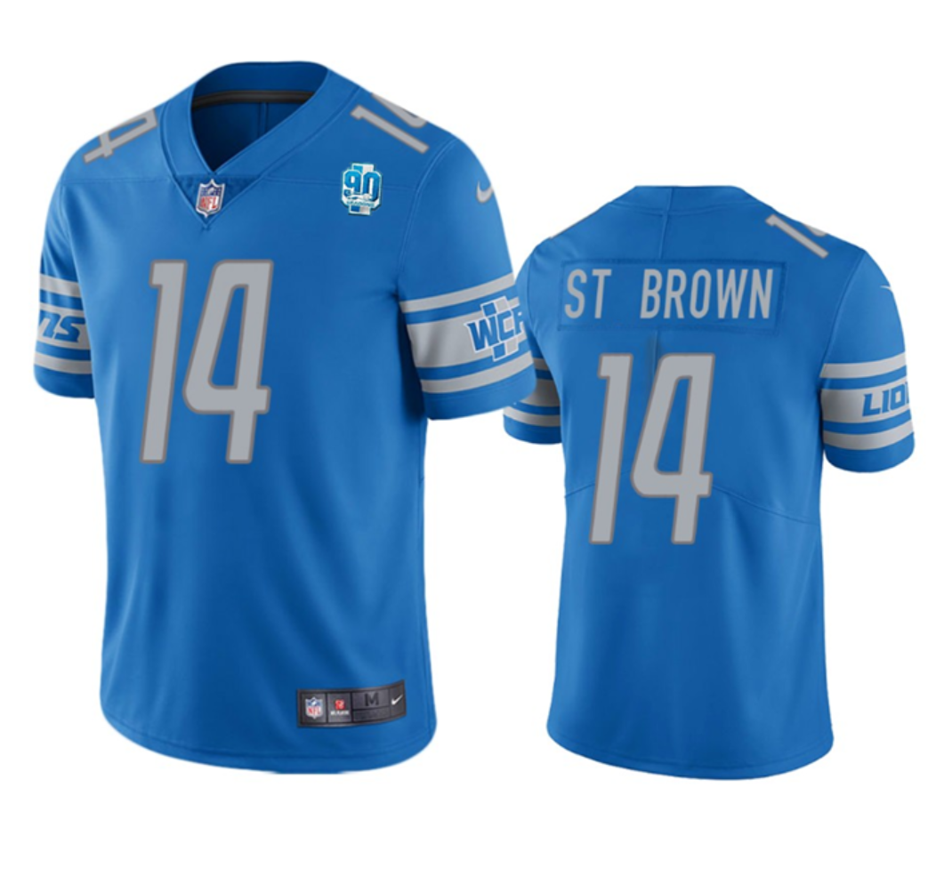 Men's Detroit Lions #14 Amon-Ra St. Brown Blue 2023 90th Anniversary Vapor Untouchable Limited Stitched Jersey Men's Detroit Lions #14 Amon-Ra St. Brown Blue 2023 90th Anniversary Vapor Untouchable Limited Stitched Jersey