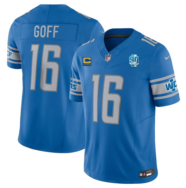 Men's Detroit Lions #16 Jared Goff Blue 2023 F.U.S.E. With 1-Star C Patch And 90th Anniversary Patch Vapor Untouchable Limited Stitched Jersey Men's Detroit Lions #16 Jared Goff Blue 2023 F.U.S.E. With 1-Star C Patch And 90th Anniversary Patch Vapor Untouchable Limited Stitched Jersey