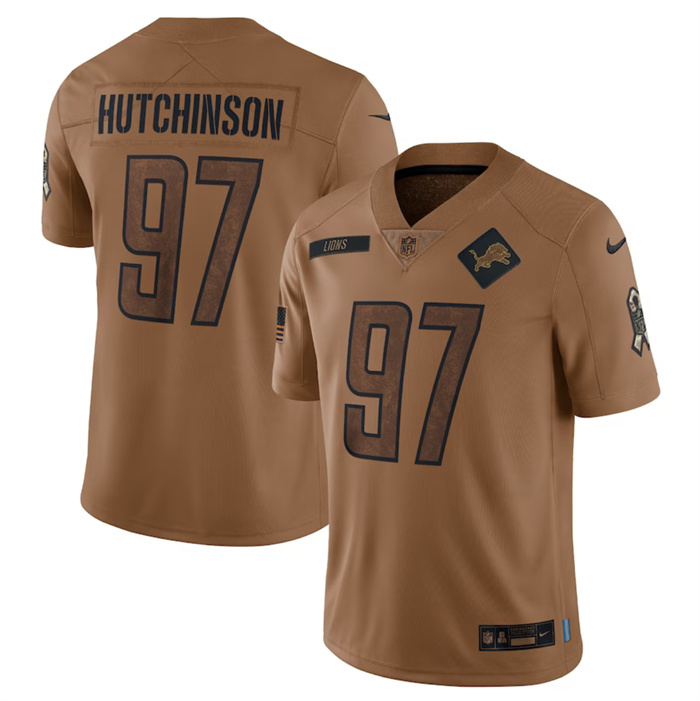Men's Detroit Lions #97 Aidan Hutchinson 2023 Brown Salute To Service Limited Football Jersey Men's Detroit Lions #97 Aidan Hutchinson 2023 Brown Salute To Service Limited Football Jersey
