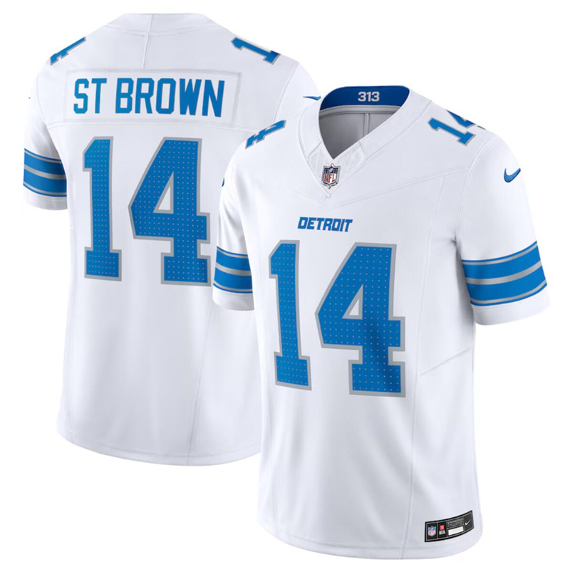 Men's Detroit Lions #14 Amon-Ra St. Brown White 2024 F.U.S.E. Vapor Limited Stitched Jersey Men's Detroit Lions #14 Amon-Ra St. Brown White 2024 F.U.S.E. Vapor Limited Stitched Jersey