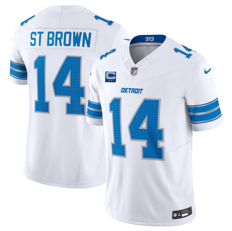Men's Detroit Lions #14 Amon-Ra St. Brown White 2024 F.U.S.E. With 2-Star C Patch Vapor Limited Stitched Jersey Men's Detroit Lions #14 Amon-Ra St. Brown White 2024 F.U.S.E. With 2-Star C Patch Vapor Limited Stitched Jersey