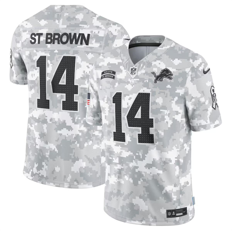 Men's Detroit Lions #14 Amon-Ra St. Brown 2024 F.U.S.E Arctic Camo Salute to Service Limited Stitched Football Jersey Men's Detroit Lions #14 Amon-Ra St. Brown 2024 F.U.S.E Arctic Camo Salute to Service Limited Stitched Football Jersey