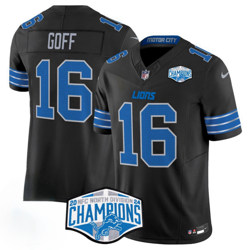 Men's Detroit Lions #16 Jared Goff Black 2024 NFC North Champions F.U.S.E. Vapor Limited Stitched Jersey Men's Detroit Lions #16 Jared Goff Black 2024 NFC North Champions F.U.S.E. Vapor Limited Stitched Jersey