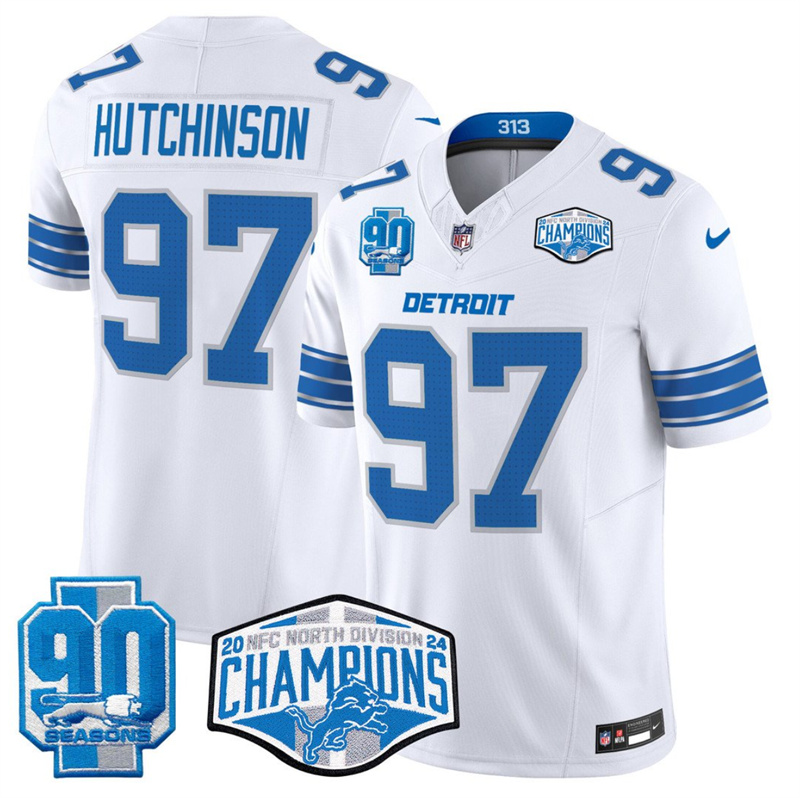 Men's Detroit Lions #97 Aidan Hutchinson White 2024 NFC North Champions 90th Anniversary Patch F.U.S.E. Vapor Limited Stitched Jersey Men's Detroit Lions #97 Aidan Hutchinson White 2024 NFC North Champions 90th Anniversary Patch F.U.S.E. Vapor Limited Stitched Jersey