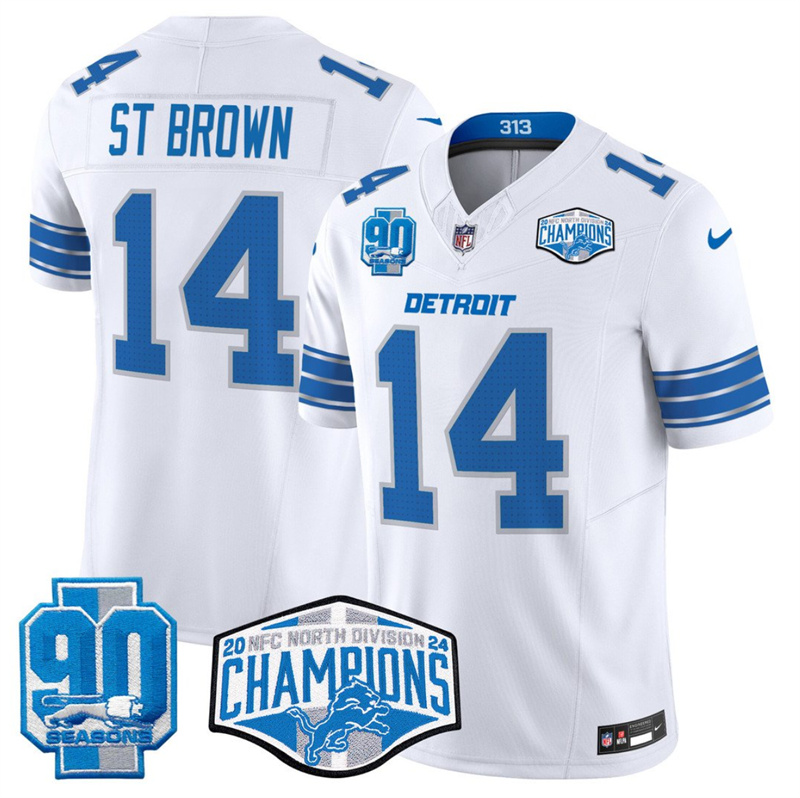 Men's Detroit Lions #14 Amon-Ra St. Brown White 2024 NFC North Champions 90th Anniversary Patch F.U.S.E. Vapor Limited Stitched Jersey Men's Detroit Lions #14 Amon-Ra St. Brown White 2024 NFC North Champions 90th Anniversary Patch F.U.S.E. Vapor Limited Stitched Jersey