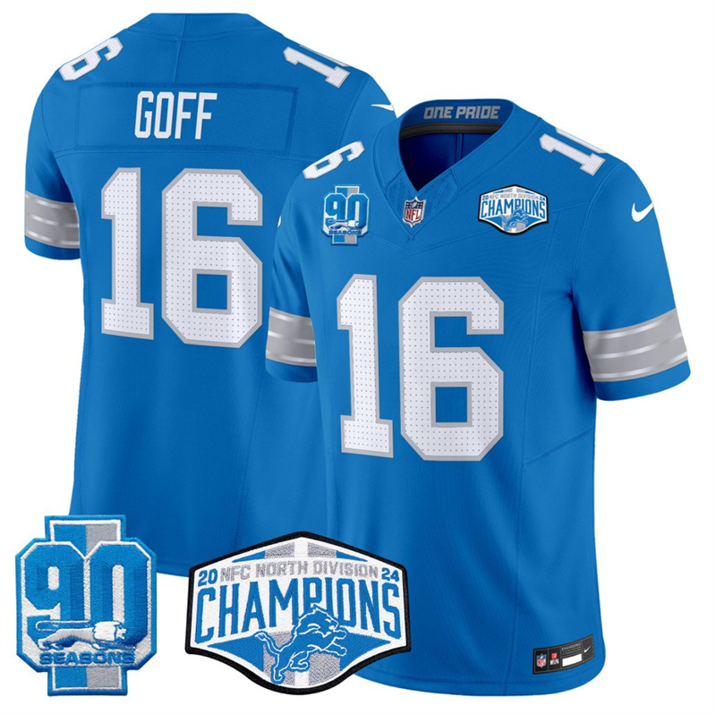 Men's Detroit Lions #16 Jared Goff Blue 2024 NFC North Champions 90th Anniversary Patch F.U.S.E. Vapor Limited Stitched Jersey Men's Detroit Lions #16 Jared Goff Blue 2024 NFC North Champions 90th Anniversary Patch F.U.S.E. Vapor Limited Stitched Jersey