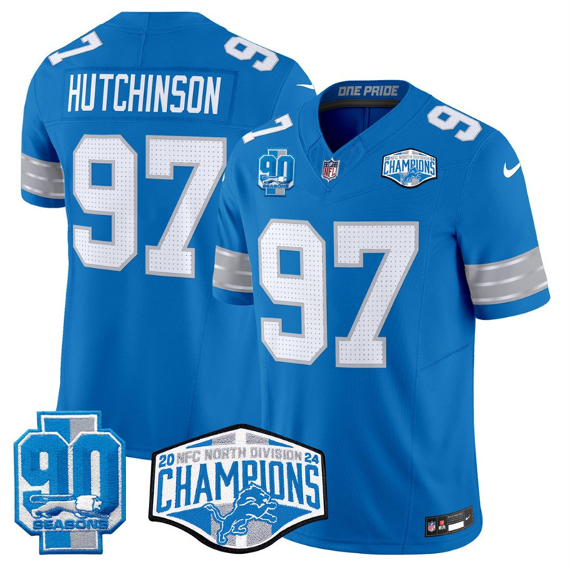 Men's Detroit Lions #97 Aidan Hutchinson Blue 2024 NFC North Champions 90th Anniversary Patch F.U.S.E. Vapor Limited Stitched Jersey Men's Detroit Lions #97 Aidan Hutchinson Blue 2024 NFC North Champions 90th Anniversary Patch F.U.S.E. Vapor Limited Stitched Jersey
