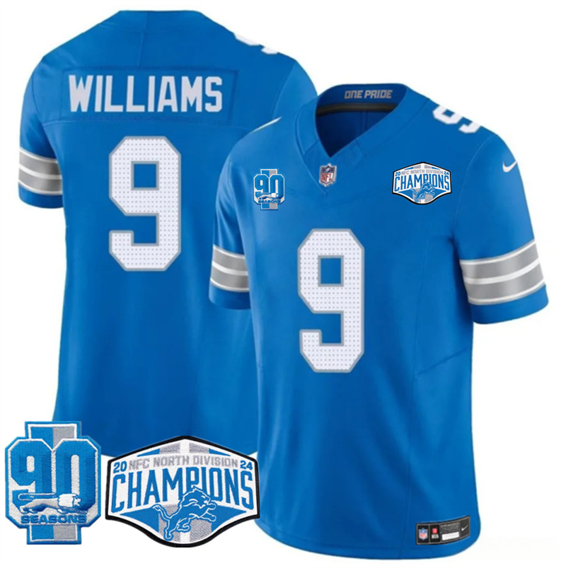 Men's Detroit Lions #9 Jameson Williams Blue 2024 NFC North Champions 90th Anniversary Patch F.U.S.E. Vapor Limited Stitched Jersey Men's Detroit Lions #9 Jameson Williams Blue 2024 NFC North Champions 90th Anniversary Patch F.U.S.E. Vapor Limited Stitched Jersey