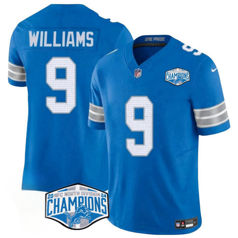 Men's Detroit Lions #9 Jameson Williams Blue 2024 NFC North Champions F.U.S.E. Vapor Limited Stitched Jersey Men's Detroit Lions #9 Jameson Williams Blue 2024 NFC North Champions F.U.S.E. Vapor Limited Stitched Jersey