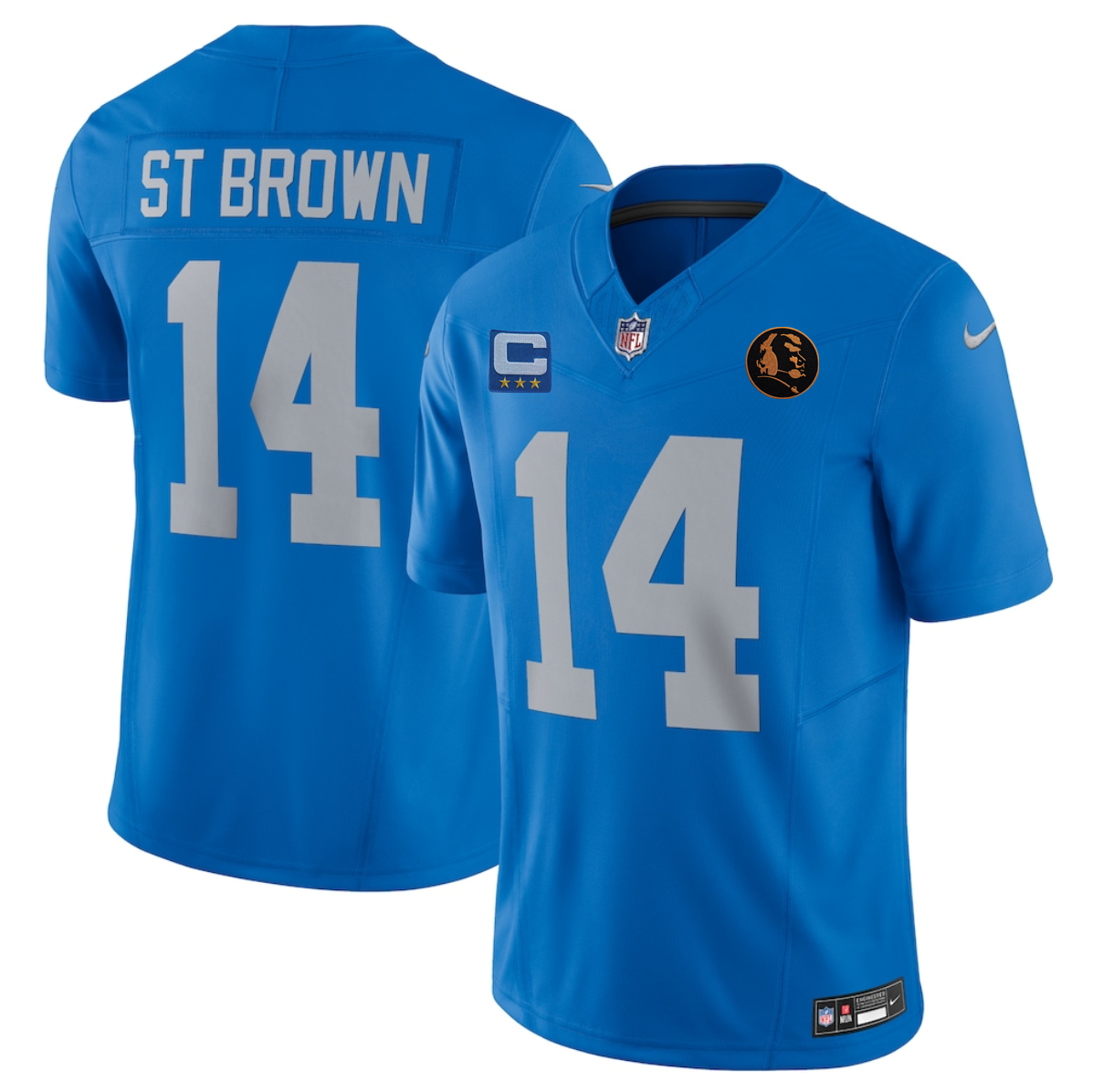 Men'sMen's Detroit Lions #14 Amon-Ra St. Brown Blue 2025 F.U.S.E. With 4 -Star C Patch And John Madden Patch Vapor Limited Stitched Jersey