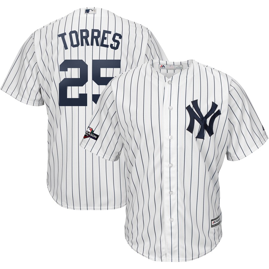New York Yankees #25 Gleyber Torres Majestic 2019 Postseason Official Cool Base Player Jersey White Navy New York Yankees #25 Gleyber Torres Majestic 2019 Postseason Official Cool Base Player Jersey White Navy