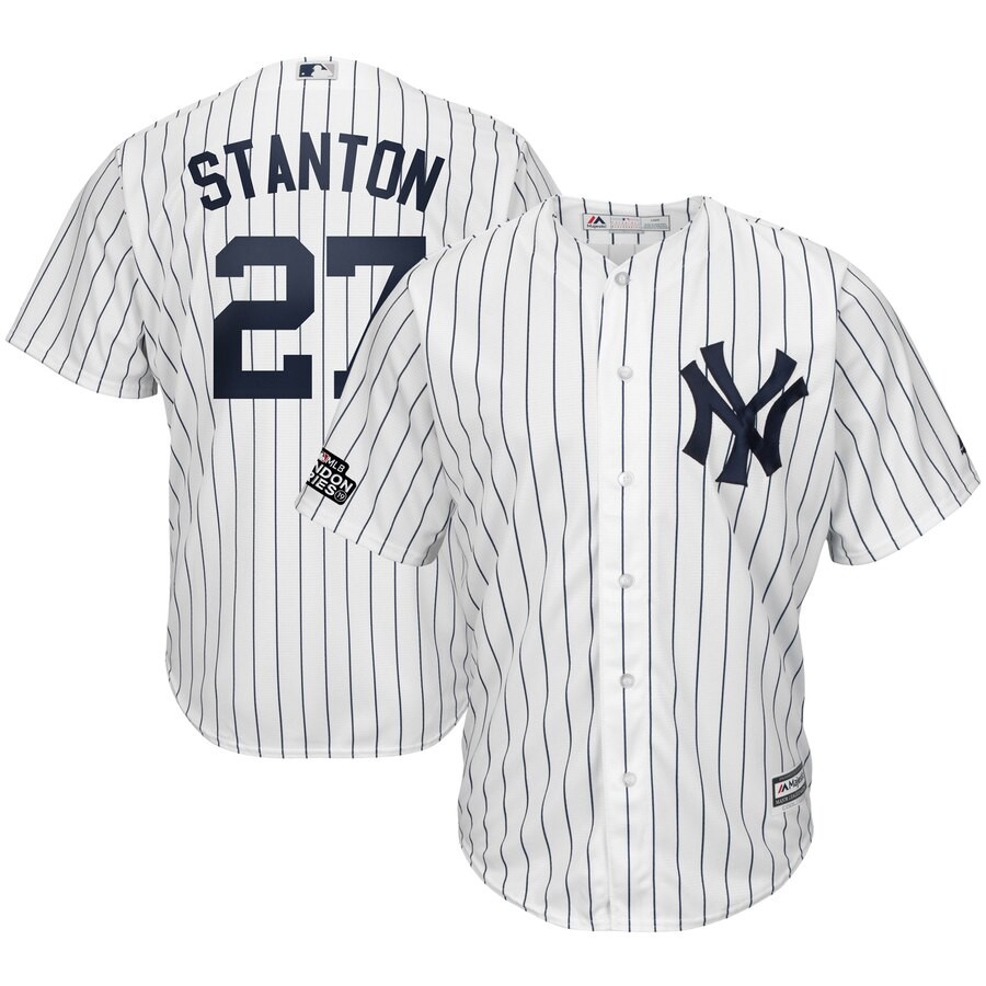 New York Yankees #27 Giancarlo Stanton Majestic 2019 London Series Cool Base Player Jersey White Navy New York Yankees #27 Giancarlo Stanton Majestic 2019 London Series Cool Base Player Jersey White Navy