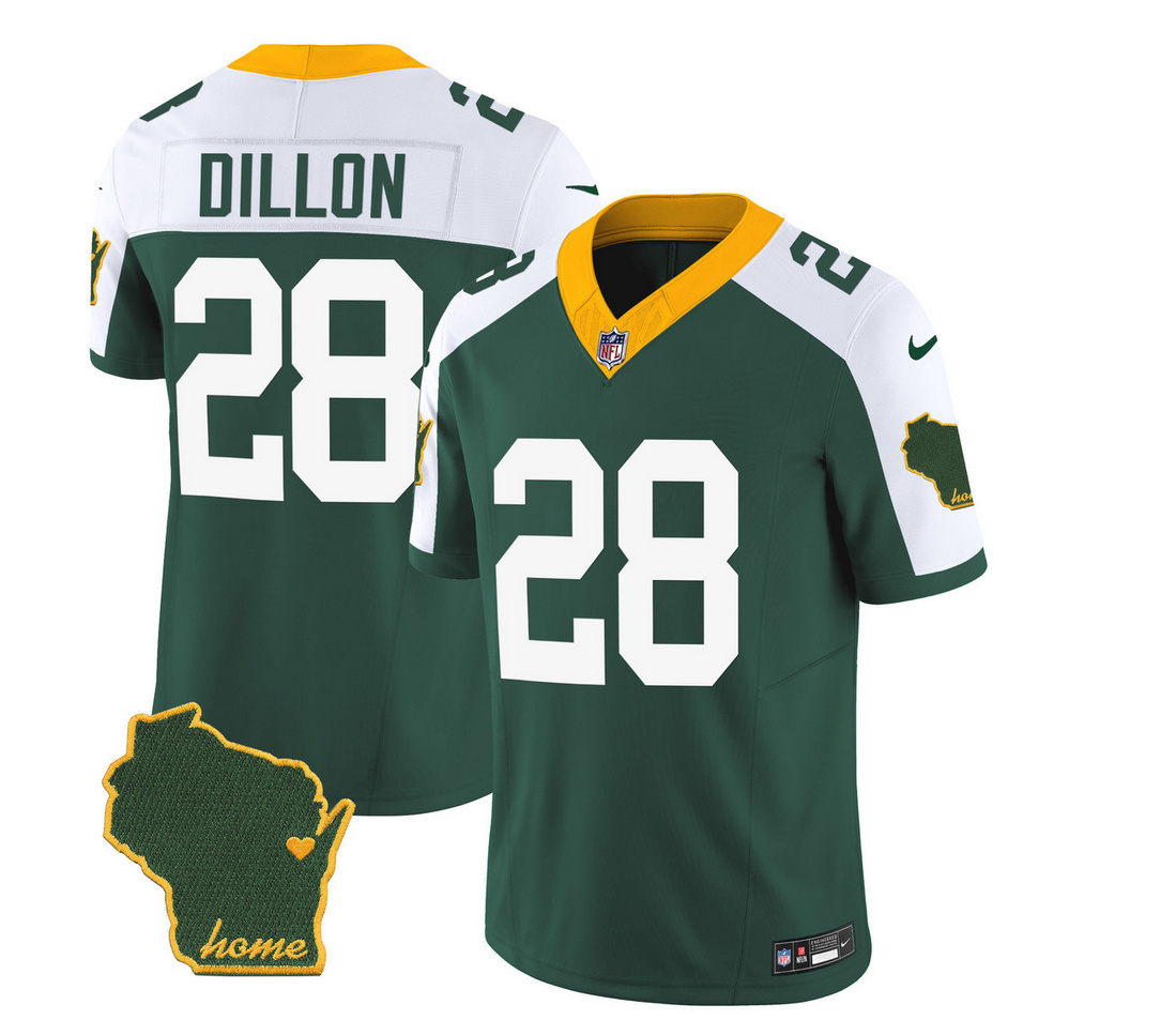 Men's Green Bay Packers #28 A.J. Dillon Green/White 2023 F.U.S.E. Home Patch Vapor Untouchable Limited Stitched Jersey Men's Green Bay Packers #28 A.J. Dillon Green/White 2023 F.U.S.E. Home Patch Vapor Untouchable Limited Stitched Jersey