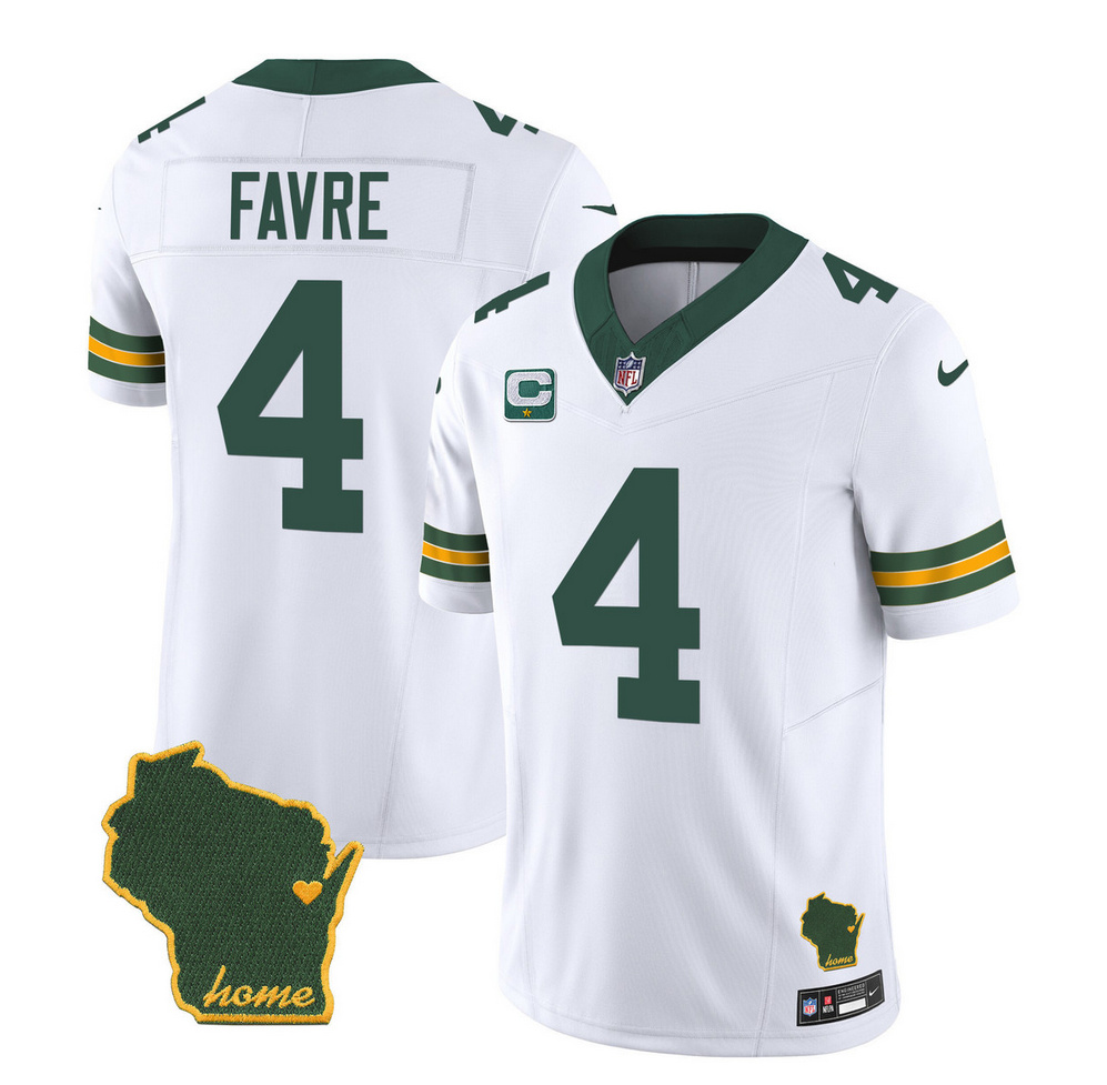 Men's Green Bay Packers #4 Brett Favre White 2023 F.U.S.E. Home Patch And 1-Star C Patch Vapor Untouchable Limited Stitched Jersey Men's Green Bay Packers #4 Brett Favre White 2023 F.U.S.E. Home Patch And 1-Star C Patch Vapor Untouchable Limited Stitched Jersey