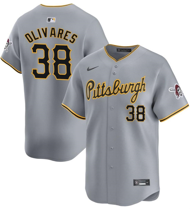 Men's Pittsburgh Pirates #38 Edward Olivares Grey 2024 Away Limited Stitched Baseball Jersey Men's Pittsburgh Pirates #38 Edward Olivares Grey 2024 Away Limited Stitched Baseball Jersey