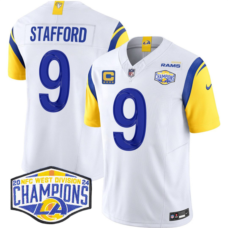 Men's Los Angeles Rams #9 Matthew Stafford White 2024 NFC West Champions With 4-Star C Patch F.U.S.E. Vapor Untouchable Stitched Football Jersey Men's Los Angeles Rams #9 Matthew Stafford White 2024 NFC West Champions With 4-Star C Patch F.U.S.E. Vapor Untouchable Stitched Football Jersey