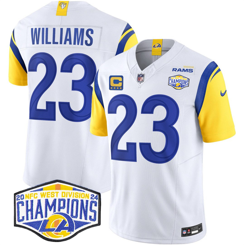Men's Los Angeles Rams #23 Kyren Williams White 2024 NFC West Champions With 4-Star C Patch F.U.S.E. Vapor Untouchable Stitched Football Jersey Men's Los Angeles Rams #23 Kyren Williams White 2024 NFC West Champions With 4-Star C Patch F.U.S.E. Vapor Untouchable Stitched Football Jersey