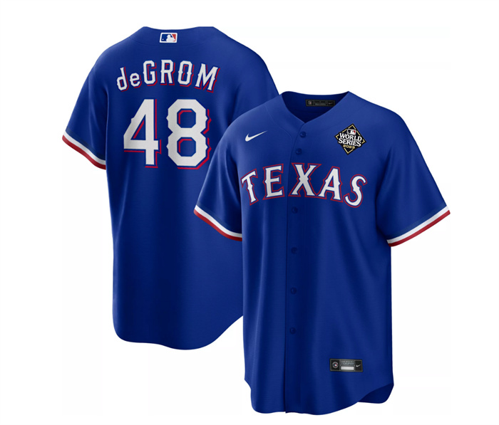 Men's Texas Rangers #48 Jacob deGrom Royal 2023 World Series Cool Base Stitched Baseball Jersey Men's Texas Rangers #48 Jacob deGrom Royal 2023 World Series Cool Base Stitched Baseball Jersey