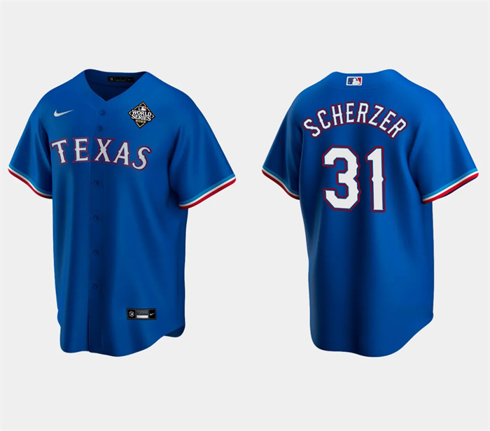 Men's Texas Rangers #31 Max Scherzer Royal 2023 World Series Stitched Baseball Jersey Men's Texas Rangers #31 Max Scherzer Royal 2023 World Series Stitched Baseball Jersey