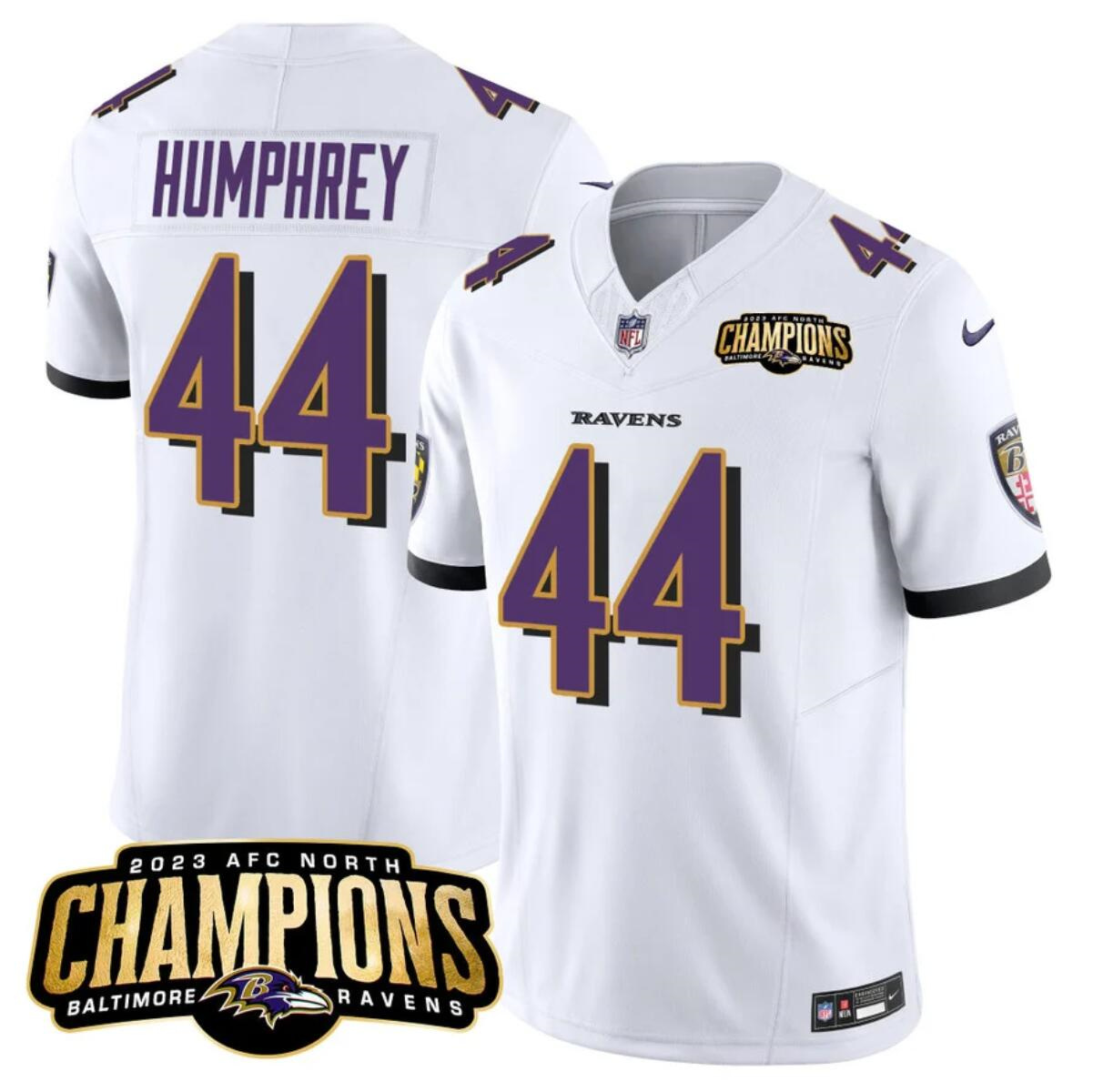 Men's Baltimore Ravens #44 Marlon Humphrey White 2023 F.U.S.E. AFC North Champions Vapor Limited Football Jersey Men's Baltimore Ravens #44 Marlon Humphrey White 2023 F.U.S.E. AFC North Champions Vapor Limited Football Jersey