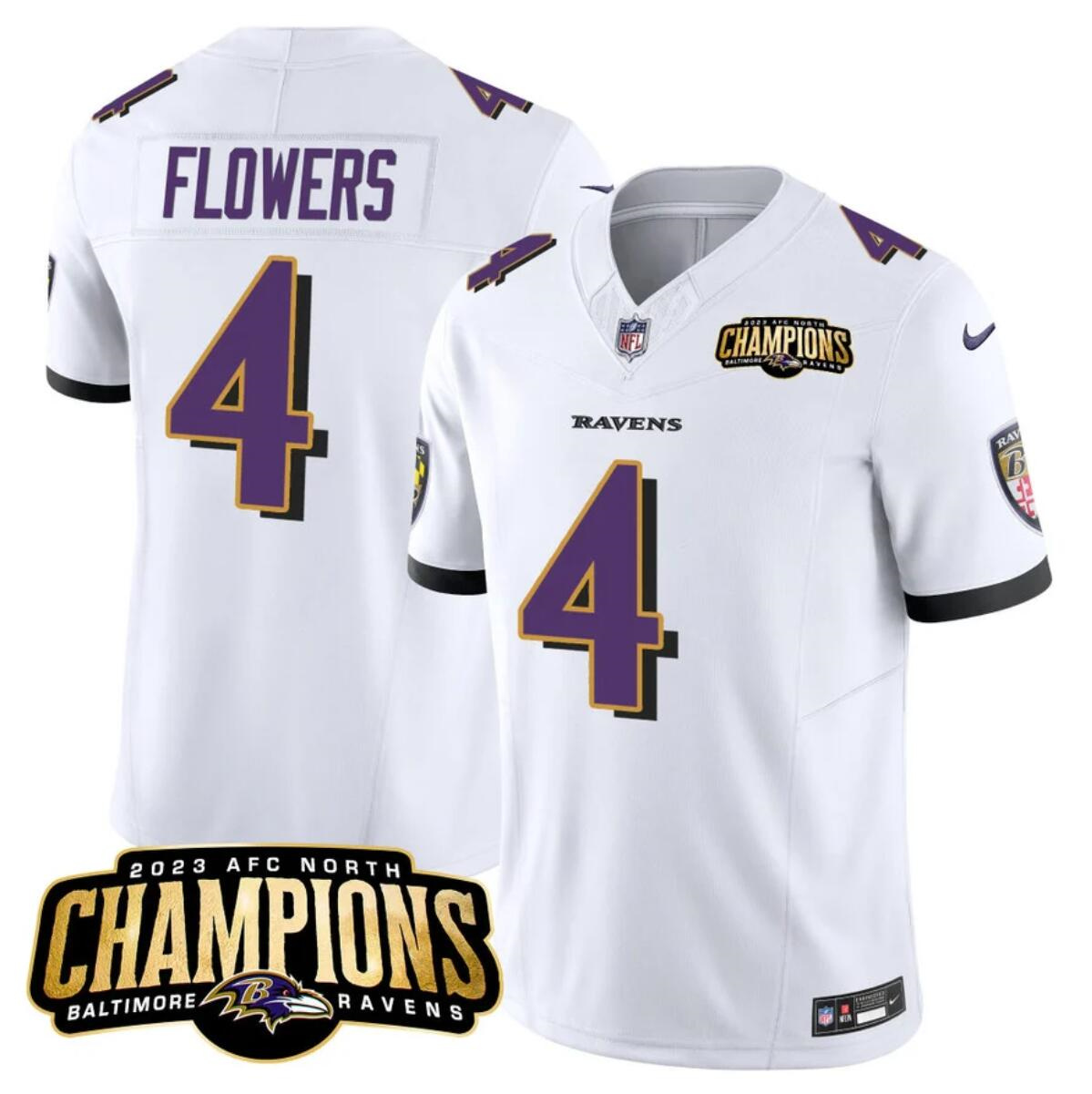 Men's Baltimore Ravens #4 Zay Flowers White 2023 F.U.S.E. AFC North Champions Vapor Limited Football Jersey Men's Baltimore Ravens #4 Zay Flowers White 2023 F.U.S.E. AFC North Champions Vapor Limited Football Jersey