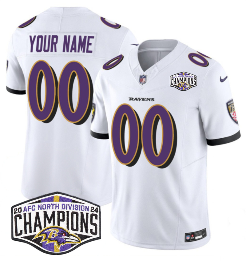 Men's Baltimore Ravens Active Player Custom White F.U.S.E 2024 AFC North Division Champions Vapor Limited Football Jersey Men's Baltimore Ravens Active Player Custom White F.U.S.E 2024 AFC North Division Champions Vapor Limited Football Jersey