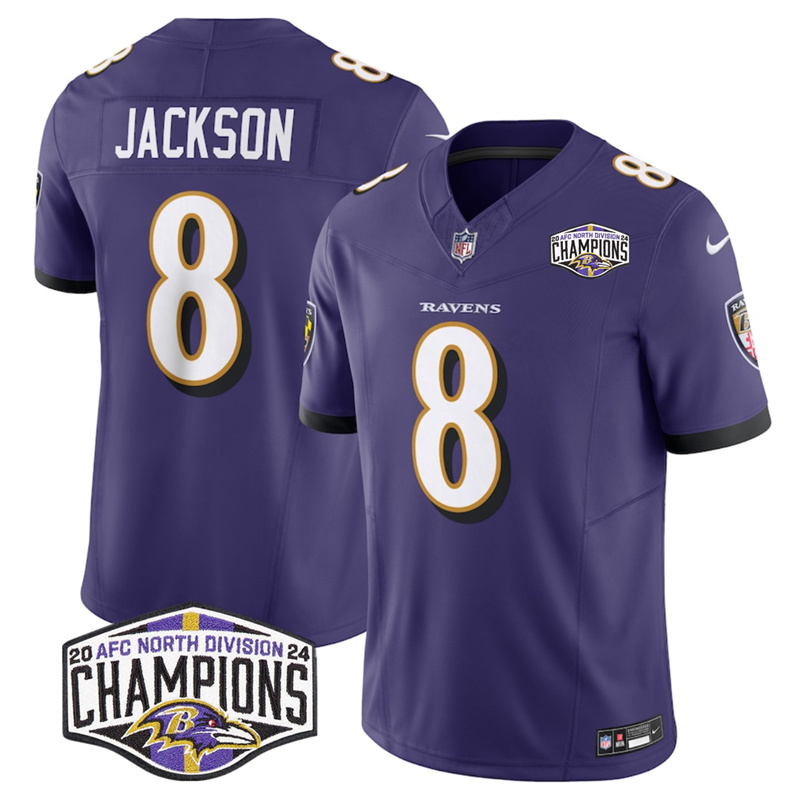 Men's Baltimore Ravens #8 Lamar Jackson Purple F.U.S.E 2024 AFC North Division Champions Vapor Limited Football Jersey Men's Baltimore Ravens #8 Lamar Jackson Purple F.U.S.E 2024 AFC North Division Champions Vapor Limited Football Jersey