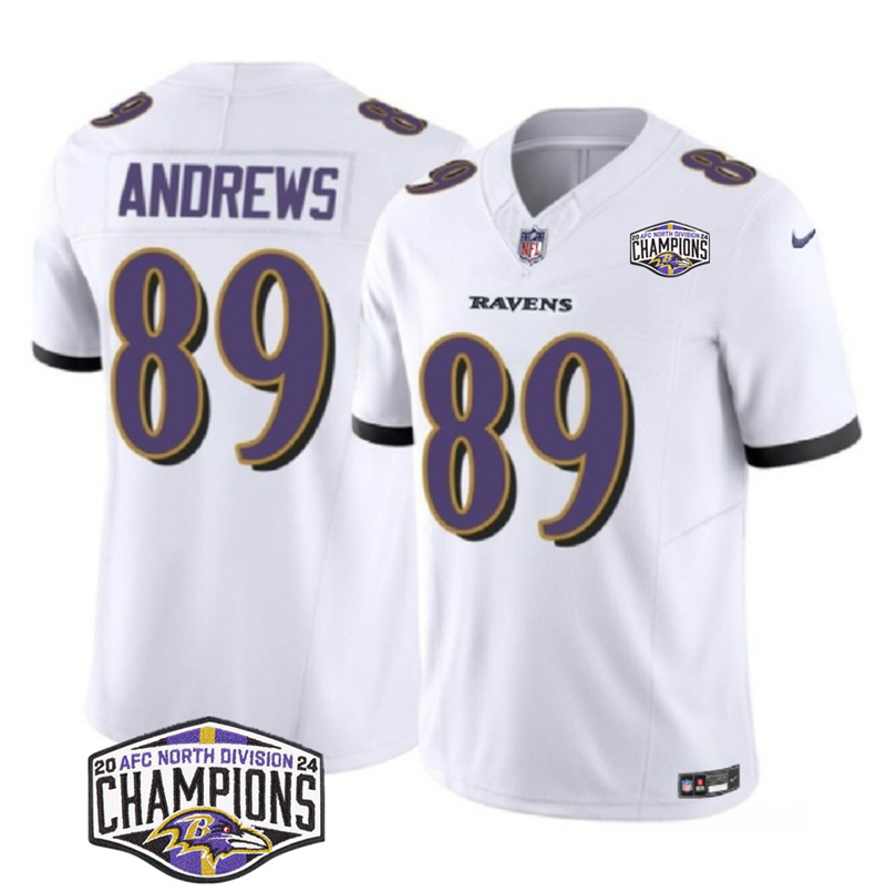 Men's Baltimore Ravens #89 Mark Andrews White F.U.S.E 2024 AFC North Division Champions Vapor Limited Football Jersey Men's Baltimore Ravens #89 Mark Andrews White F.U.S.E 2024 AFC North Division Champions Vapor Limited Football Jersey