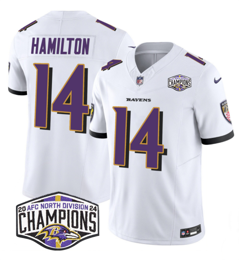 Men's Baltimore Ravens #14 Kyle Hamilton White F.U.S.E 2024 AFC North Division Champions Vapor Limited Football Jersey Men's Baltimore Ravens #14 Kyle Hamilton White F.U.S.E 2024 AFC North Division Champions Vapor Limited Football Jersey
