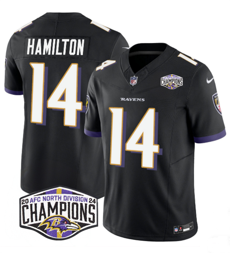 Men's Baltimore Ravens #14 Kyle Hamilton Black F.U.S.E 2024 AFC North Division Champions Vapor Limited Football Jersey Men's Baltimore Ravens #14 Kyle Hamilton Black F.U.S.E 2024 AFC North Division Champions Vapor Limited Football Jersey