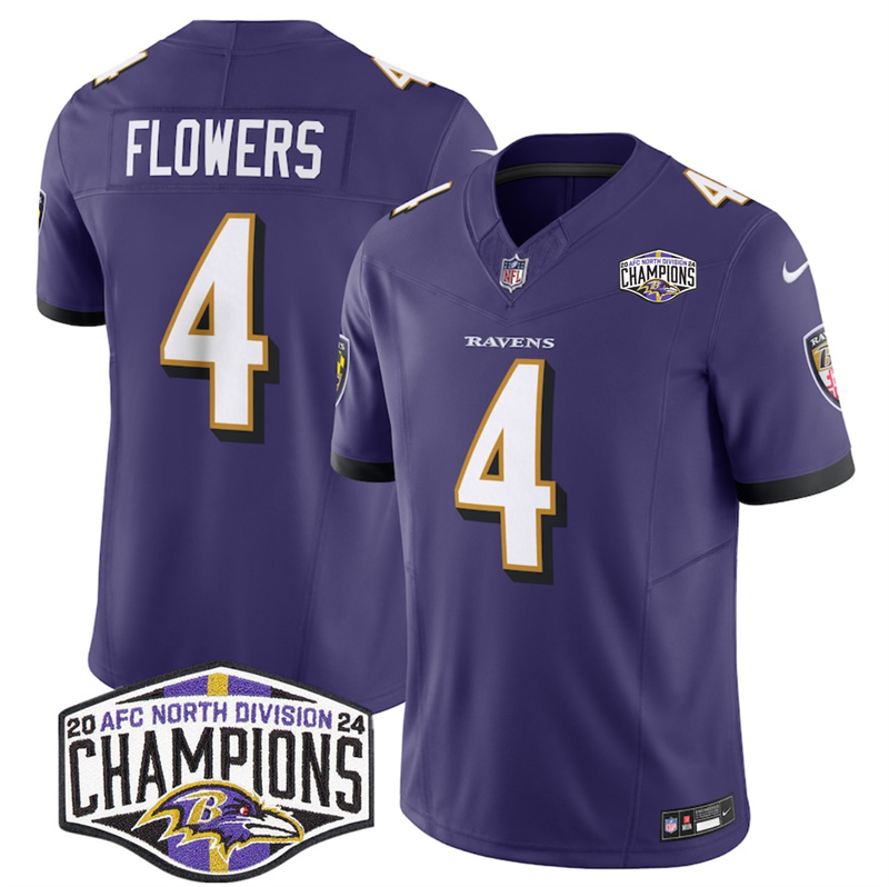 Men's Baltimore Ravens #4 Zay Flowers Purple F.U.S.E 2024 AFC North Division Champions Vapor Limited Football Jersey Men's Baltimore Ravens #4 Zay Flowers Purple F.U.S.E 2024 AFC North Division Champions Vapor Limited Football Jersey