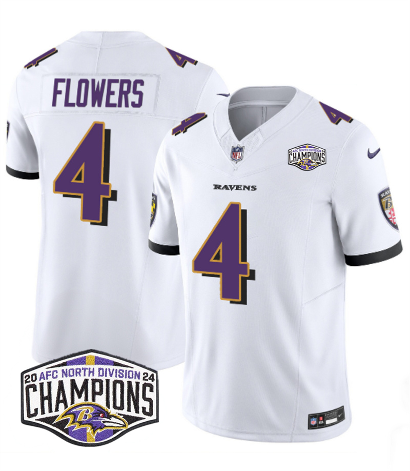 Men's Baltimore Ravens #4 Zay Flowers White F.U.S.E 2024 AFC North Division Champions Vapor Limited Football Jersey Men's Baltimore Ravens #4 Zay Flowers White F.U.S.E 2024 AFC North Division Champions Vapor Limited Football Jersey