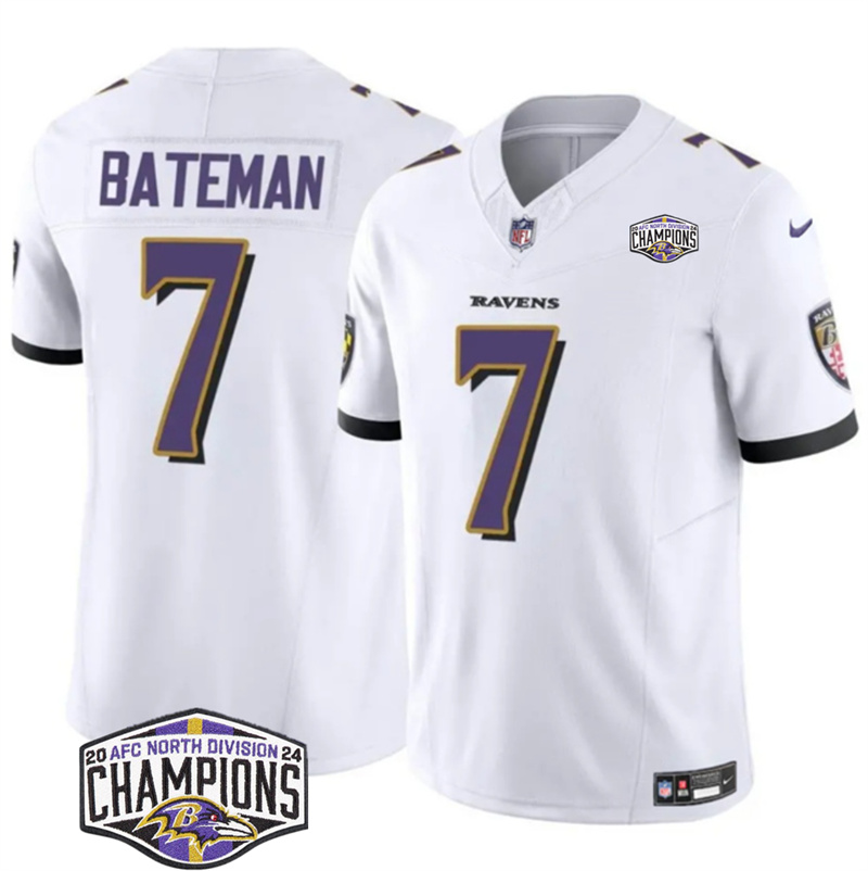 Men's Baltimore Ravens #7 Rashod Bateman White F.U.S.E 2024 AFC North Division Champions Vapor Limited Football Jersey Men's Baltimore Ravens #7 Rashod Bateman White F.U.S.E 2024 AFC North Division Champions Vapor Limited Football Jersey