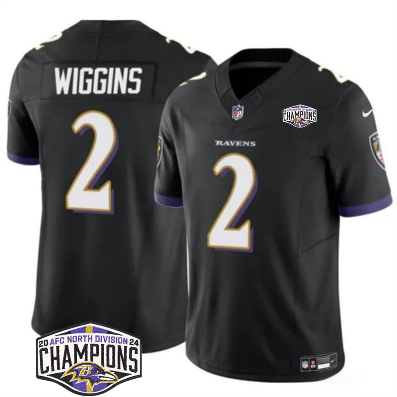 Men's Baltimore Ravens #2 Nate Wiggins Black F.U.S.E 2024 AFC North Division Champions Vapor Limited Football Jersey Men's Baltimore Ravens #2 Nate Wiggins Black F.U.S.E 2024 AFC North Division Champions Vapor Limited Football Jersey